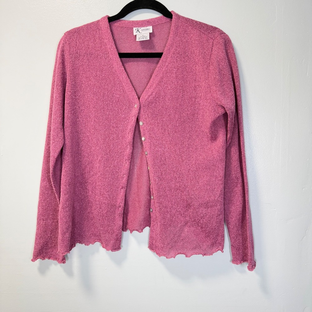 K Studio Vintage Berry Pink Lettuce Edge Button Front Knit Cardigan Sweater 10